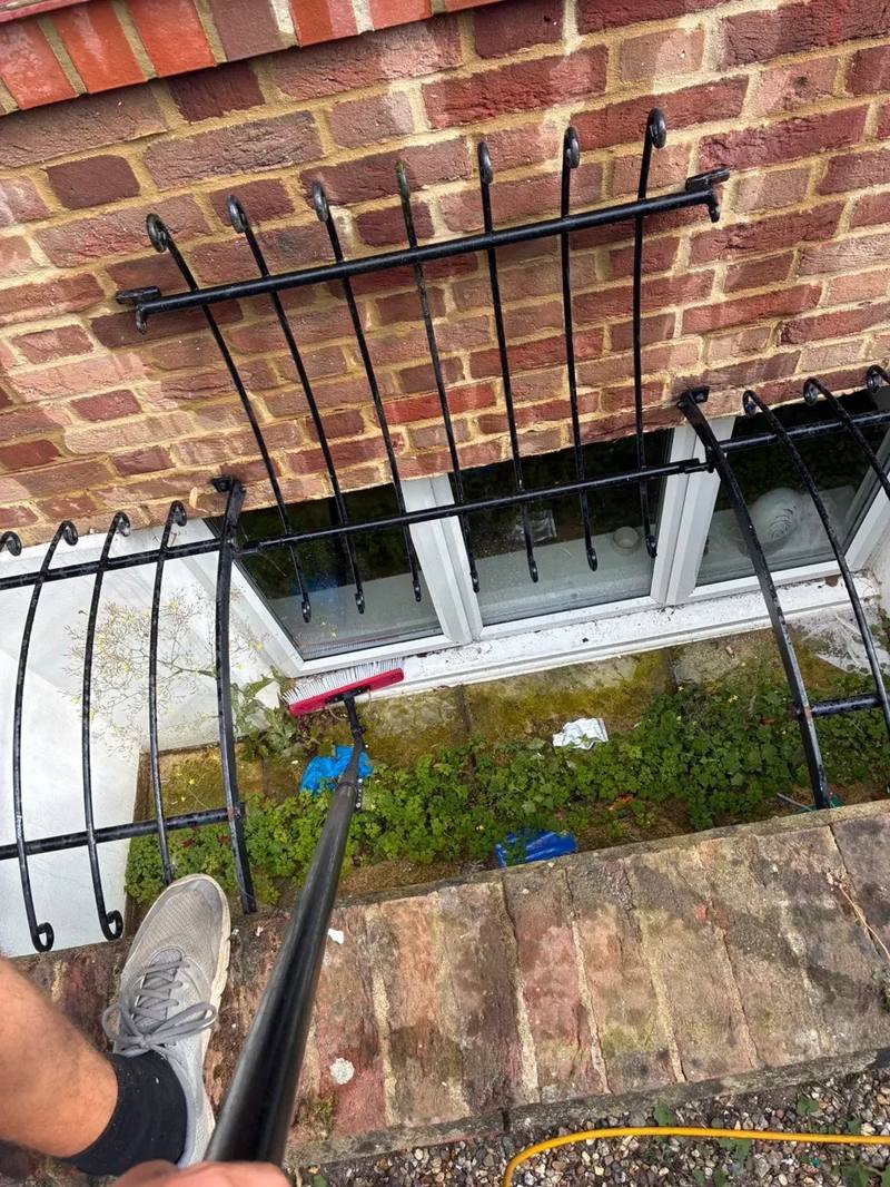 A window behind black metal railings being cleaned with a water fed pole from the path above